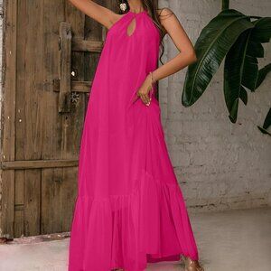 Hot Pink Tie Backless Halter Dress